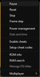 Menu System de melonDS, avec Multiplayer tout en bas.