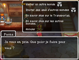 Menu de Paona : Visiter un autre monde, Inviter des amis d'autres mondes, En savoir plus, Annuler.